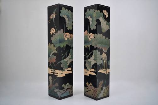 Pair vintage pillars pedestals chinoiserie, black lacquer wood columns, 1970`s ca Chinese